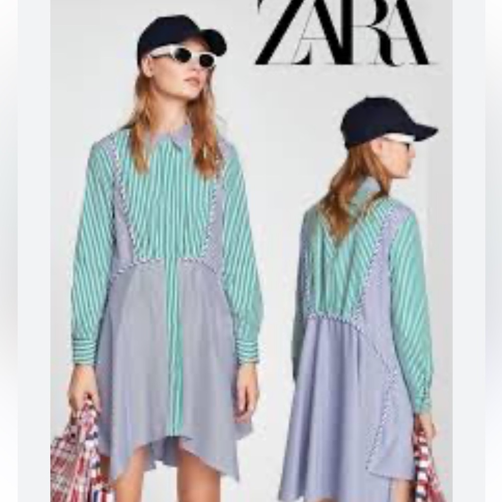 Zara Green Striped and Light Blue Panel Mixed-Media Dress